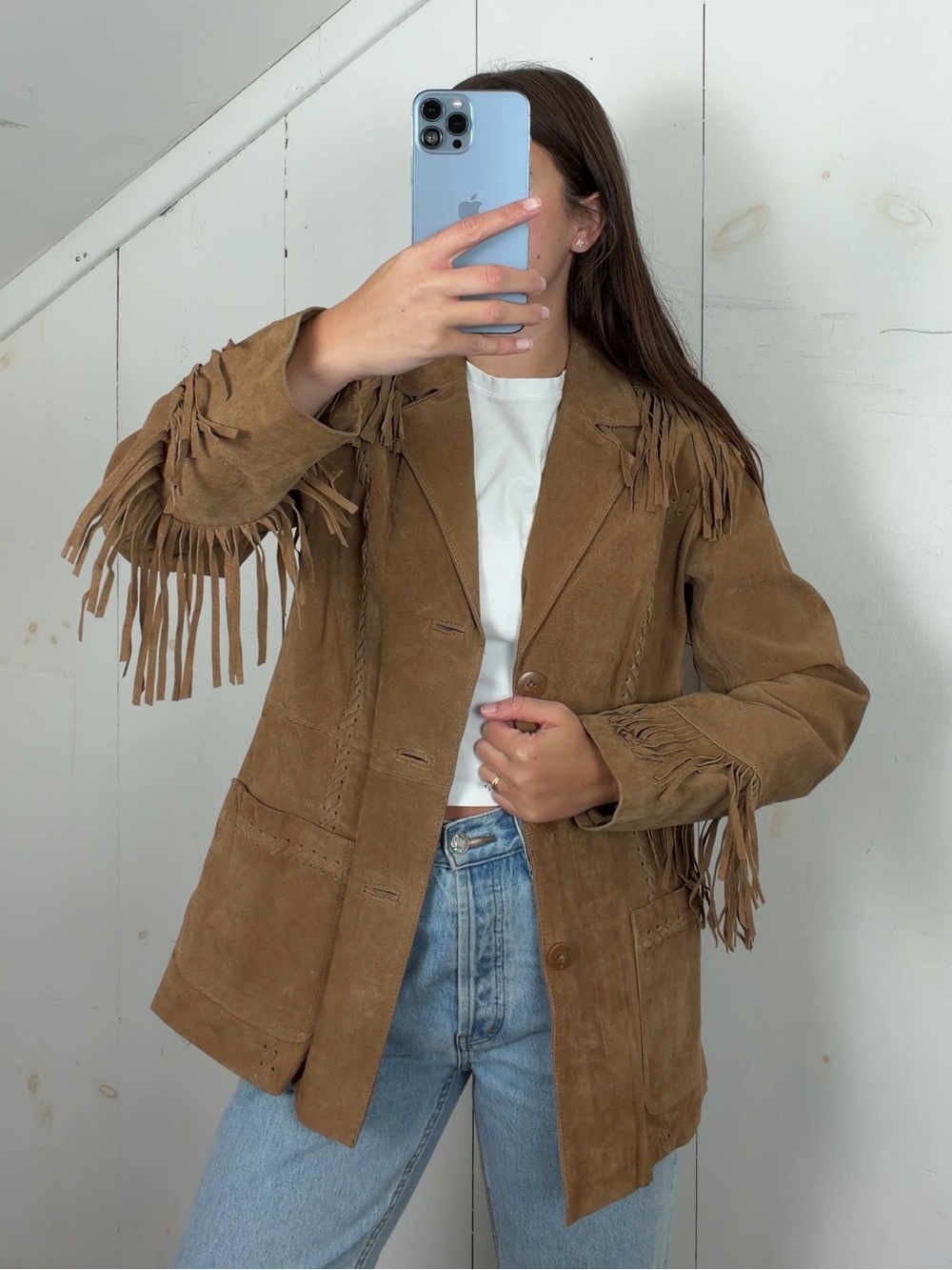 Vintage Tan Brown Suede Leather Western Fringe Blazer Jacket Women’s Medium Y2K